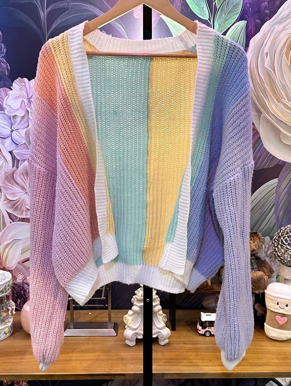 Pastel Rainbow Colorblock Cardigan Open Front Chunky Knit Coquette Y2K Kawaii